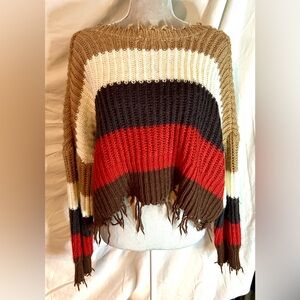 Skylar + Madison Red, Brown Multi Oversized Cropped Striped Sweater, Size S